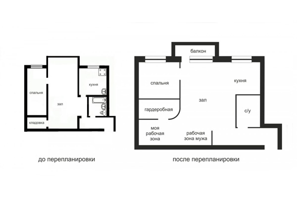 Схема перепланировки до и после