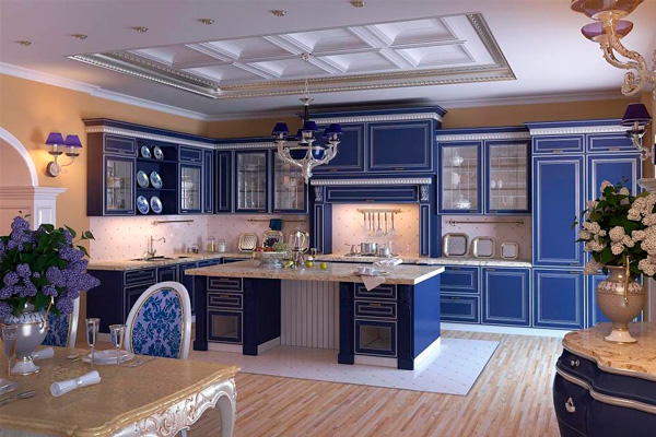Потрясающий дизайн интерьера кухни цвета ультрамарин